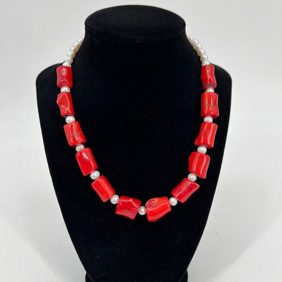 Red Coral Genuine Pearl Necklace Silver Clasp 18 inch Chunky Statement Tropical - Picture 3 of 11